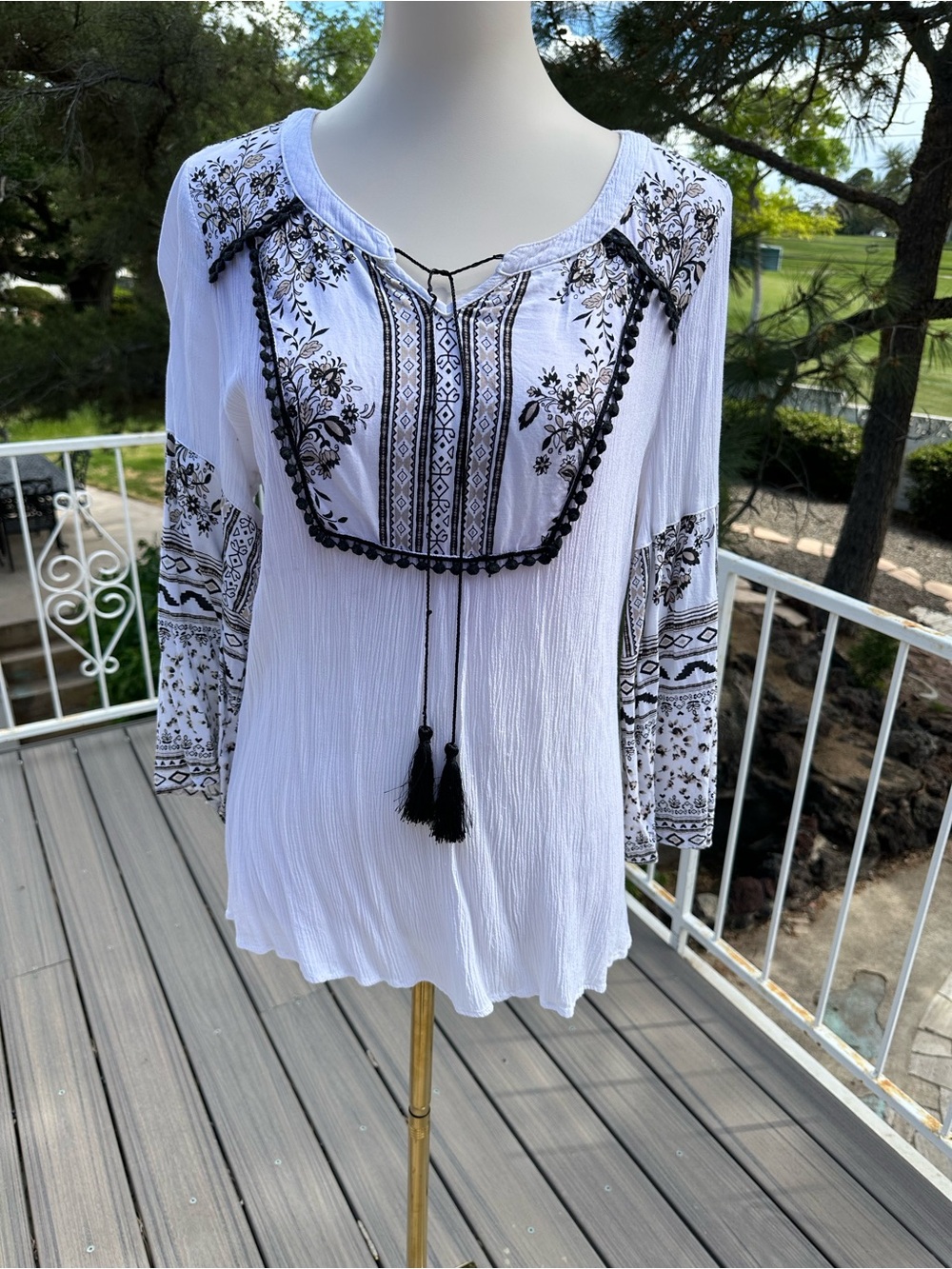 Women's White Embroidered Peasant Tunic with Black Trim